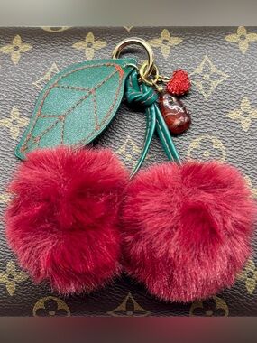 New Fuzzy Red Cherry Gold Tone Purse Charm Keychain w/ Beaded Accent - 4”